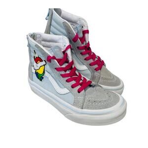 Kids Vans Sk8 Hi-Top Zip Gray/White Sequin Unicorn Patch Girls Kids Size 11.5